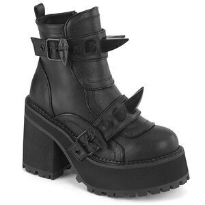 Demonia Black Heeled Boots with Buckle Details